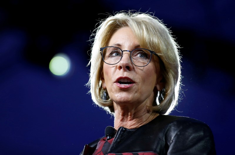 © Reuters. FILE PHOTO - U.S. Secretary of Education Betsy DeVos speaks at the Conservative Political Action Conference (CPAC) in National Harbor Maryland