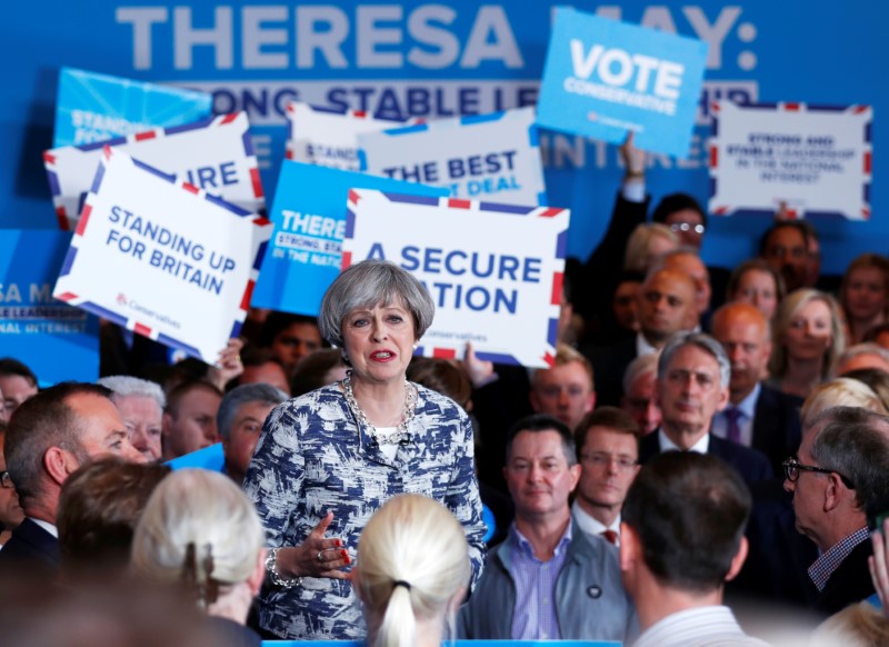 © Reuters. Primeira-ministra britânica, Theresa May, fala em evento de campanha