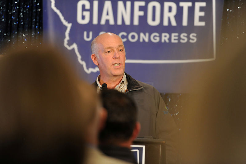 © Reuters. FILE PHOTO - Greg Gianforte delivers his victory speech in Bozeman