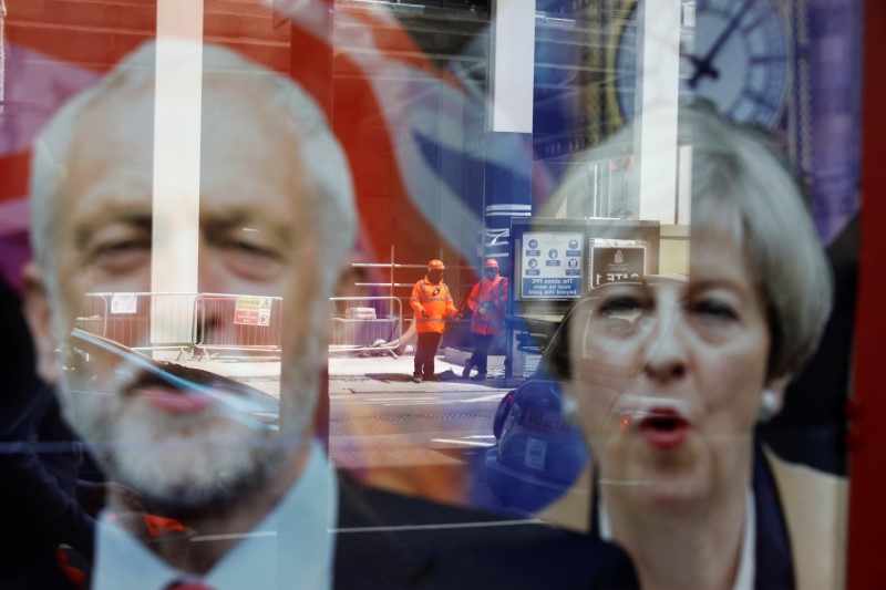 © Reuters. Wokers are reflected in the window of a betting shop with a display inviting customers to place bets on tbe result of the general election with images of Britain's Prime Minister Theresa May and opposition Labour Party leader Jeremy Corbyn, in London