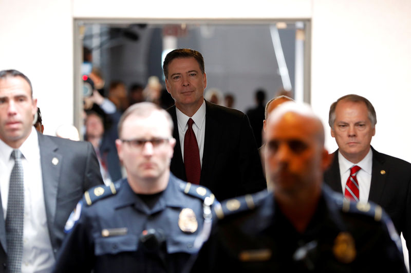 © Reuters. Former Federal Bureau of Investigations Director Comey departs after testifying before a closed session of the Senate Intelligence Committee on Capitol Hill in Washington