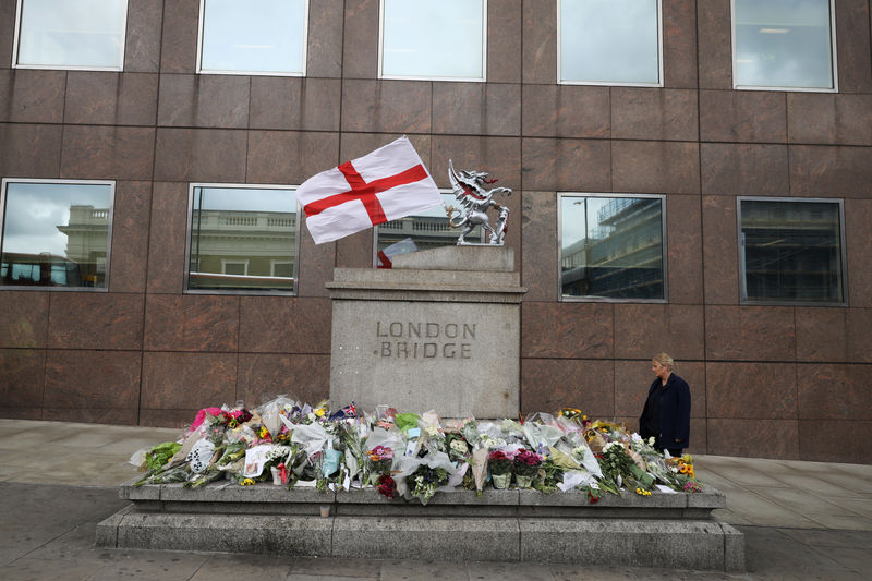 © Reuters. Floral tributes are left at a plinth on London Bridge