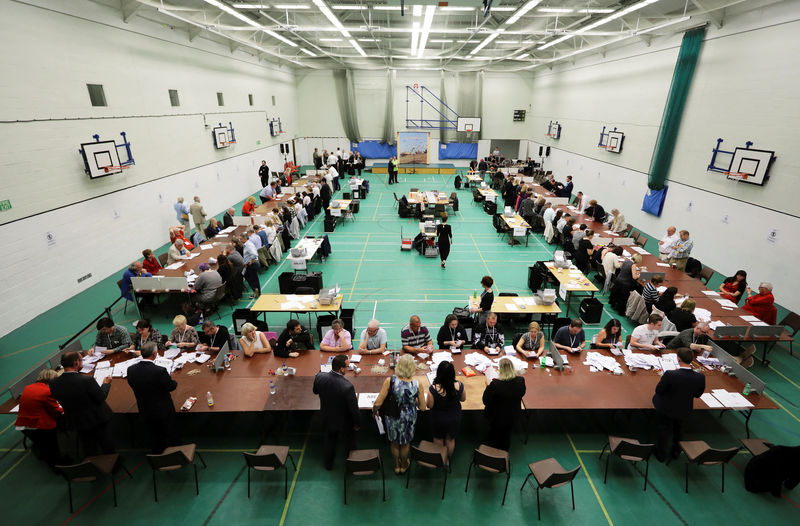 © Reuters. Ballots are tallied at a counting centre for Britain's general election in Hastings