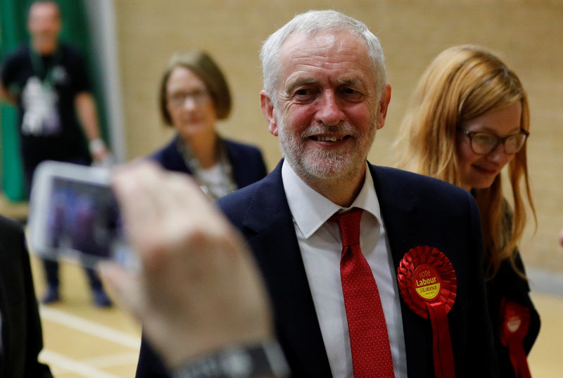 © Reuters. Jeremy Corbyn, leader of Britain's opposition Labour Party, reacts at a counting centre for Britain’s general election in London