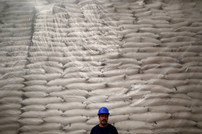 © Reuters. FILE PHOTO - A worker poses for a photo in front of sacks filled with sugar at Emiliano Zapata sugar mill in Zacatepec de Hidalgo