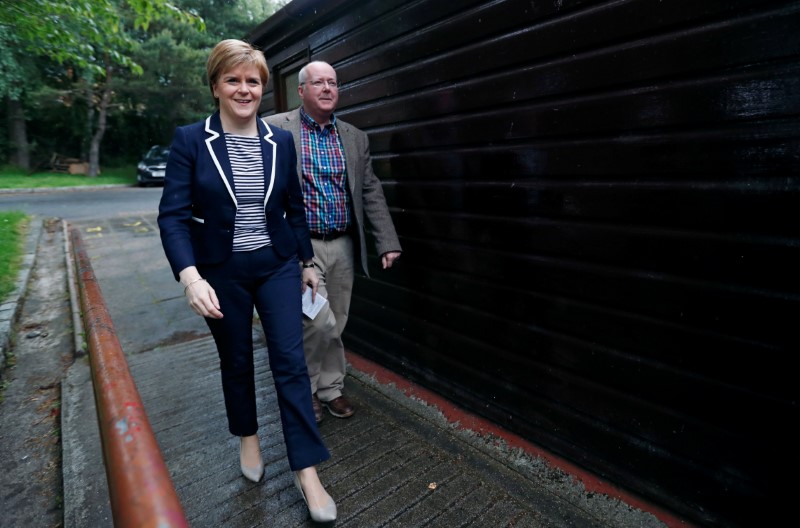 © Reuters. First Minister of Scotland Nicola Sturgeon and her husband Peter Murrell are seen after voting in Glasgow