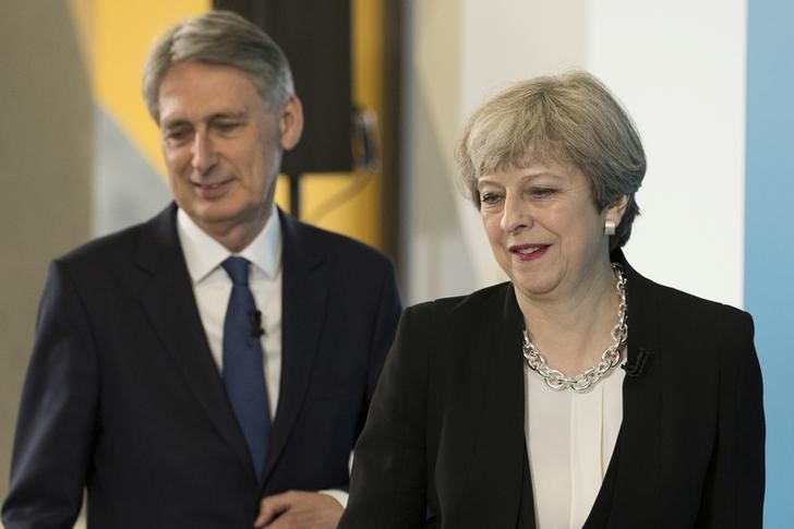 © Reuters. Theresa May e ministro Philip Hammond durante entrevista