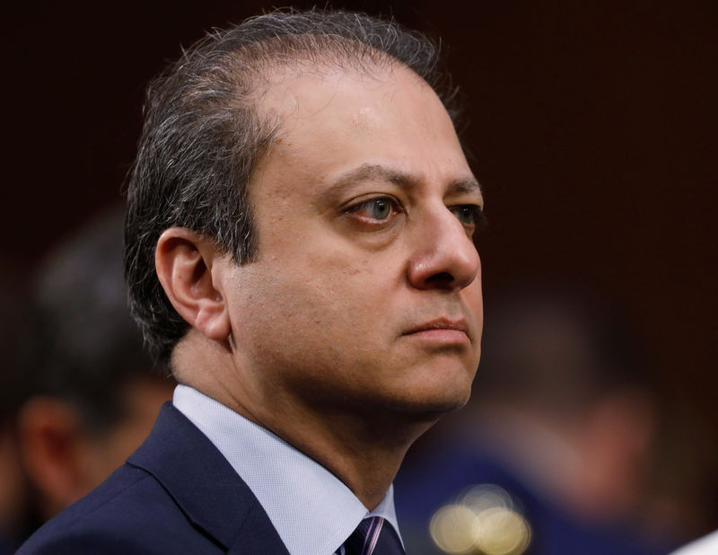 © Reuters. Former U.S. attorney Bharara listens questions during Senate Intelligence Committee hearing on Russia's alleged interference in the 2016 U.S. presidential election on Capitol Hill in Washington