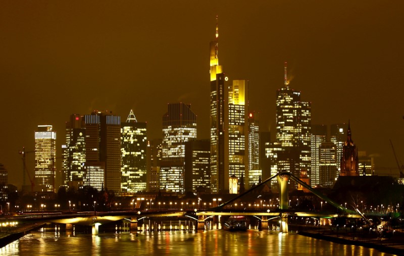 © Reuters. FILE PHOTO: The famous skyline with its banking district is pictured in early evening next to the Main River in Frankfurt