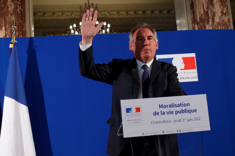 © Reuters. French Justice Minister Francois Bayrou presents a bill on ethics for public office holders at the ministry in Paris