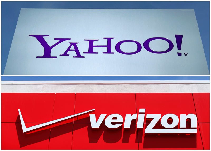 © Reuters. FILE PHOTO: A combination photo of Yahoo logo in Rolle Switzerland and a Verizon sign in San Diego California