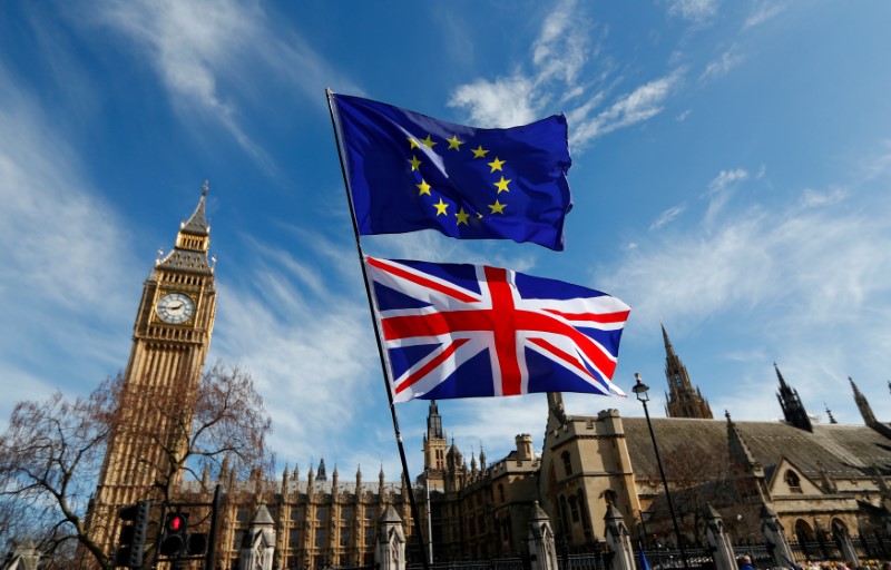 © Reuters. FILE PHOTO: EU and Union flags fly above Parliament Square in London