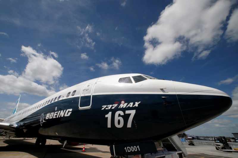 © Reuters. A Boeing 737 MAX is seen on the static display, before the opening of the 52nd Paris Air Show at Le Bourget airport near Paris