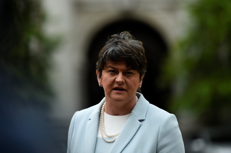 © Reuters. Leader of the Democratic Unionist Party, Arlene Foster speaks to media outside Government buildings in Dublin