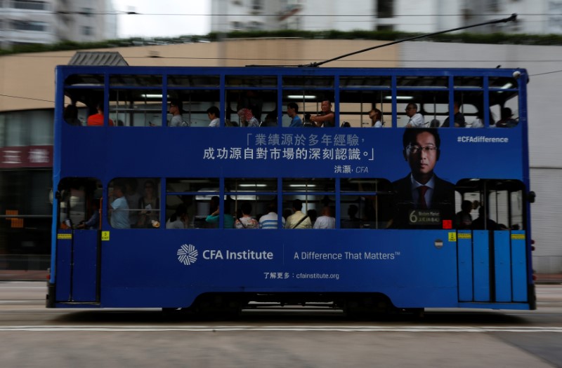 © Reuters. A bus with an advertisement of CFA Institute featuring Hao Hong drives past in Hong Kong