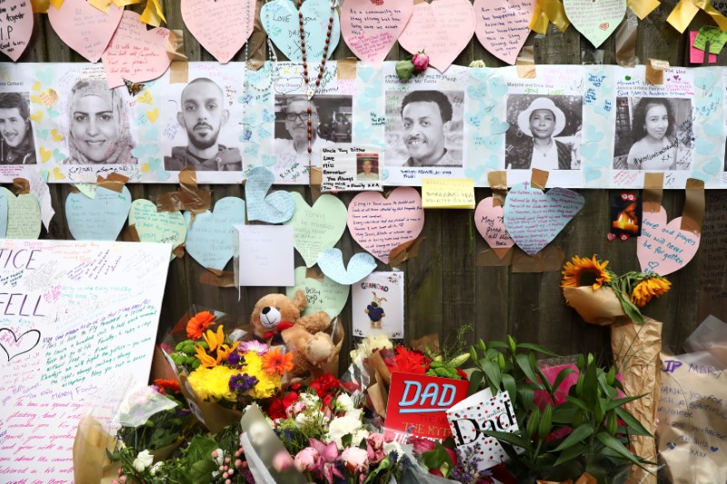 © Reuters. Homenagem deixada para vítimas de incêndio em prédio residencial em Londres