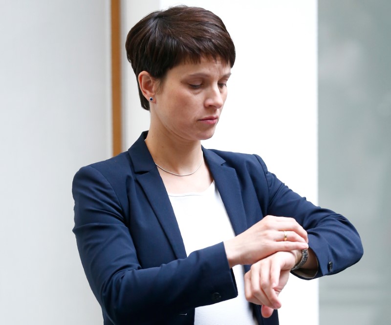 © Reuters. Petry, leader of the anti immigration party Alternative fuer Deutschland (AFD) before a press conference in Berlin