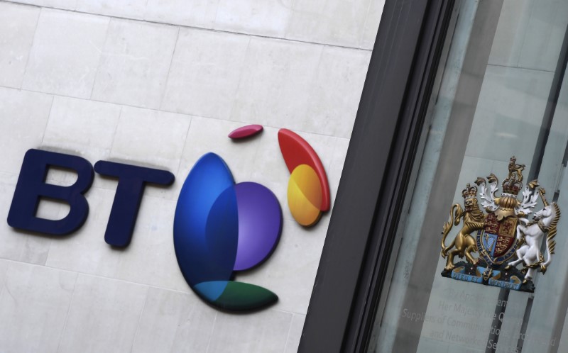 © Reuters. The logo for BT is seen outside of offices in the City of London