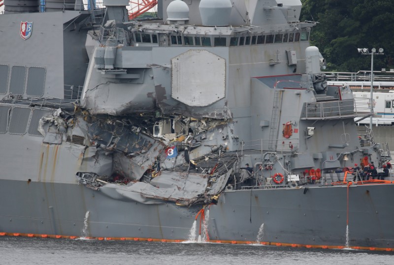 © Reuters. The Arleigh Burke-class guided-missile destroyer USS Fitzgerald, damaged by colliding with a Philippine-flagged merchant vessel, is seen at the U.S. naval base in Yokosuka