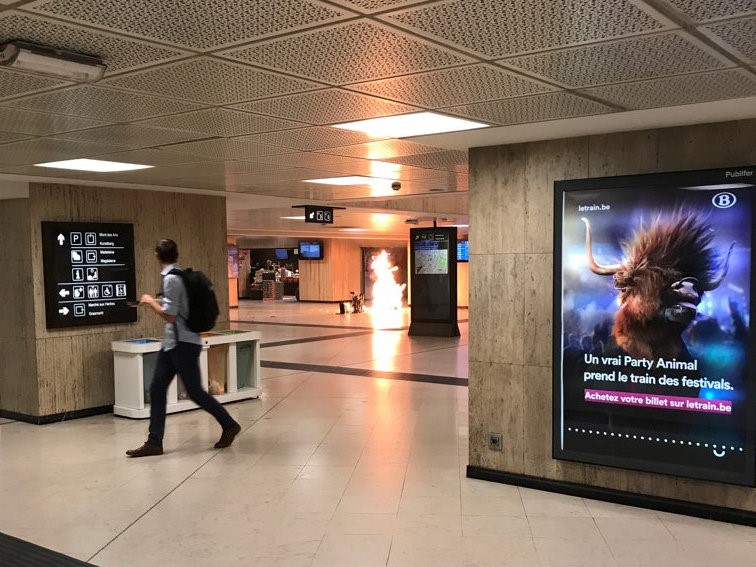 © Reuters. Fire is seen at Brussels central station in Brussels, Belgium