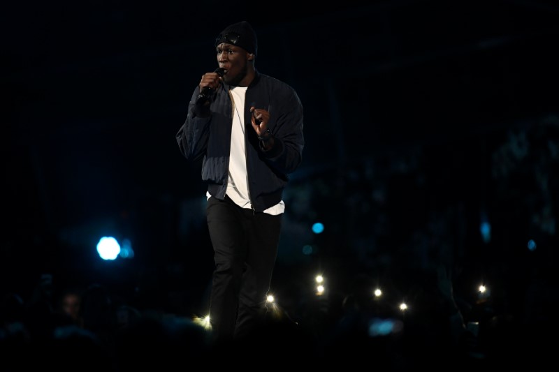 © Reuters. FILE PHOTO: Stormzy performs at the Brit Awards at the O2 Arena in London