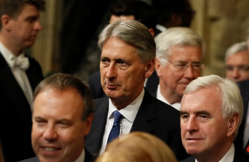 © Reuters. Britain's Chancellor of the Exchequer Philip Hammond walks through the Houses of Parliament during the State Opening of Parliament in central London