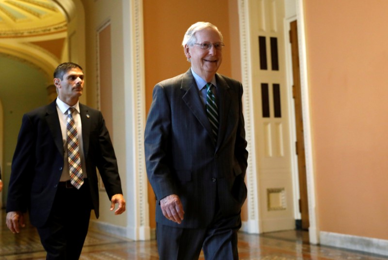 © Reuters. Senator Majority Leader Mitch McConnell arrives at the U.S. Capitol on the day Senate Republican leaders are expected to unveil a draft bill on healthcare in Washington