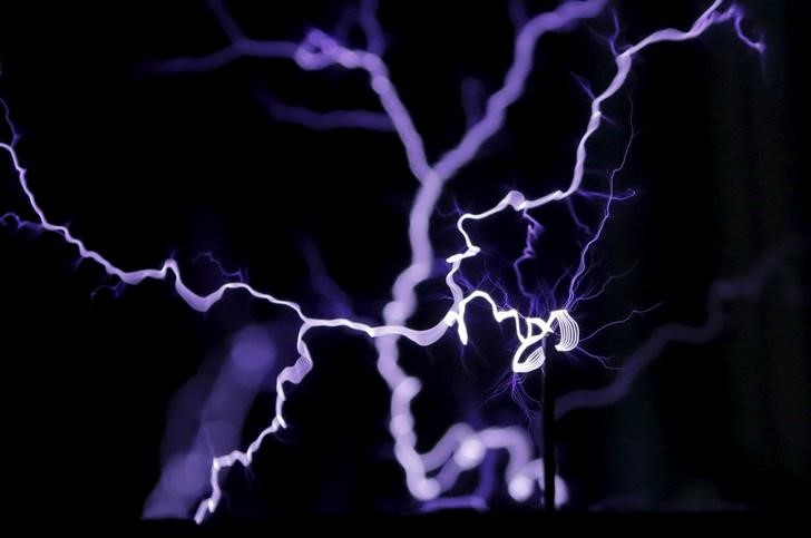 © Reuters. Sparks of electricity emanating from a Tesla coil are seen during a show, devoted to scientist Nikola Tesla at the Mendeleyevskaya metro station in Moscow