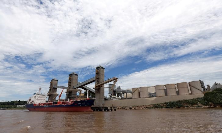 © Reuters. Grain is loaded aboard ships for export on a port on the Parana river near Rosario