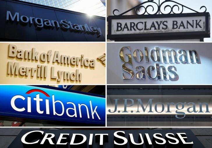 © Reuters. A combination file photo shows international banks Morgan Stanley, Barclays, Goldman Sachs, JPMorgan, Credit Suisse, Citigroup and Bank of America Merrill Lynch from Reuters archive
