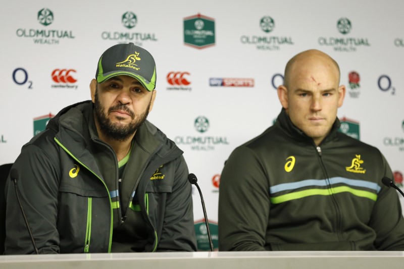 © Reuters. Australia head coach Michael Cheika and Stephen Moore during the press conference