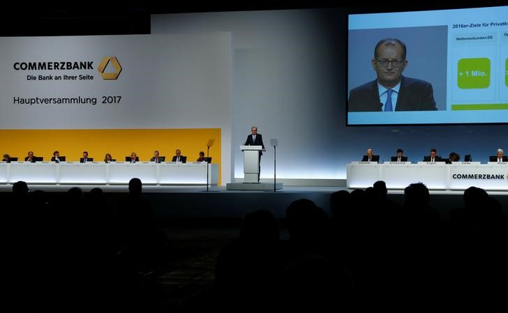 © Reuters. CEO of Commerzbank AG Zielke speaks during the annual shareholder meeting in Frankfurt