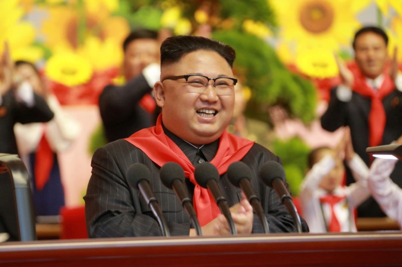 © Reuters. North Korean leader Kim Jong Un reacts during the 8th Congress of the Korean Children's Union (KCU) at the April 25 House of Culture in Pyongyang