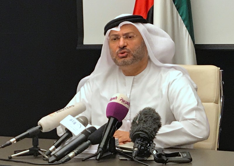 © Reuters. UAE Minister of State for Foreign Affairs Anwar Gargash talks during a news conference in Dubai