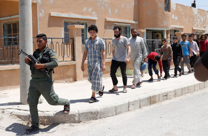 © Reuters. Islamic State prisoners, who were pardoned by a council that is expected to govern Raqqa once the group is dislodged from the Syrian city, walk behind a Kurdish policeman in Ain Issa village north of Raqqa