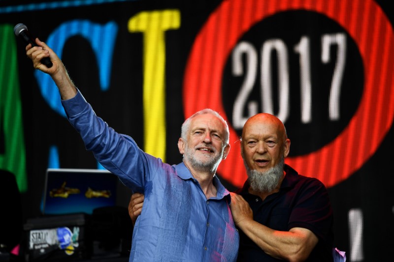 © Reuters. Britain's opposition Labour Party leader Jeremy Corbyn and Michael Eavis acknowledge the crowd at Worthy Farm in Somerset during the Glastonbury Festival