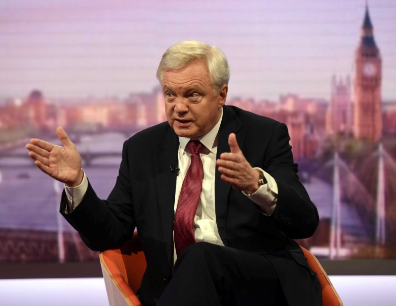 © Reuters. Britain's Secretary of State for Exiting the European Union, David Davis, is seen appearing on the BBC's Andrew Marr Show, in London