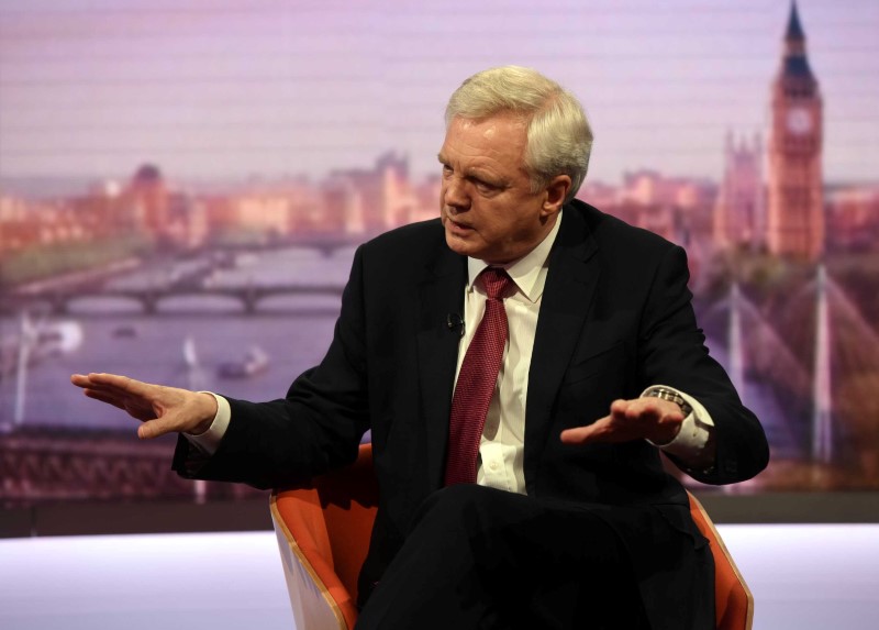 © Reuters. Britain's Secretary of State for Exiting the European Union, David Davis, is seen speaking on the BBC's Andrew Marr Show, in London