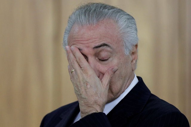 © Reuters. Brazilian President Michel Temer reacts during a credentials presentation ceremony for several new top diplomats at Planalto Palace in Brasilia, Brazil