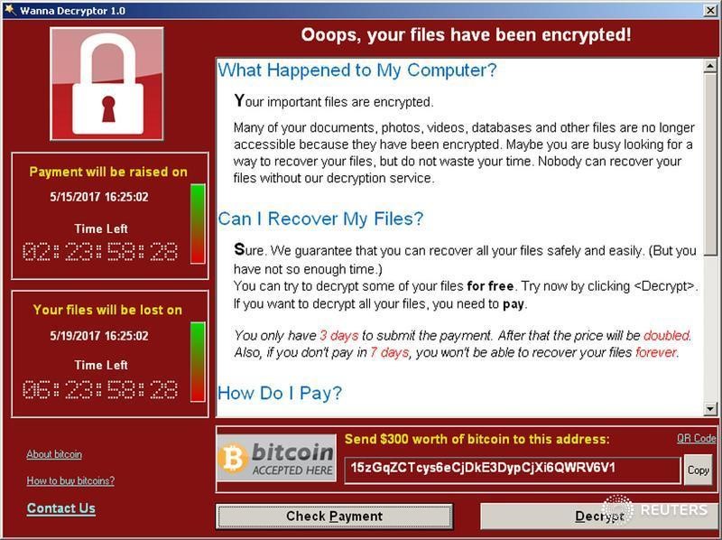 © Reuters. A WannaCry ransomware demand, provided by cyber security firm Symantec