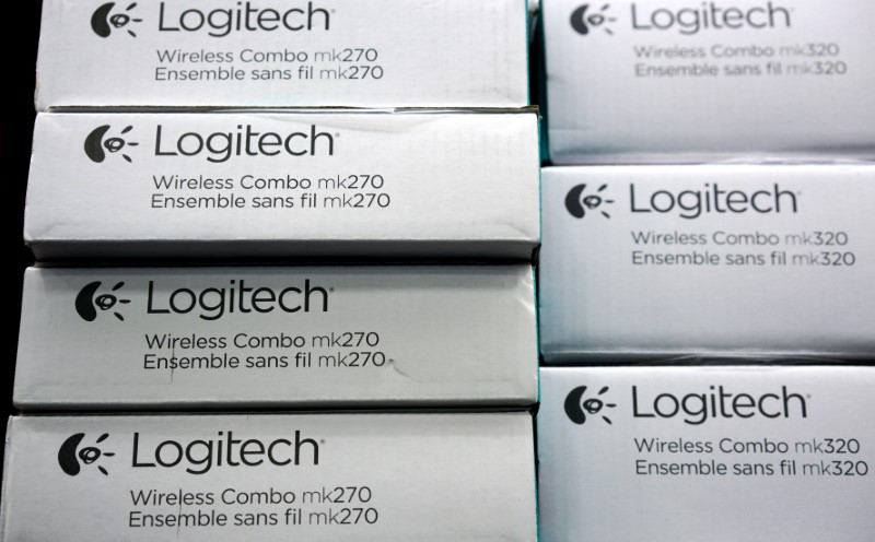 © Reuters. Logitech computer keyboards are on sale at an electronics store in Westminister
