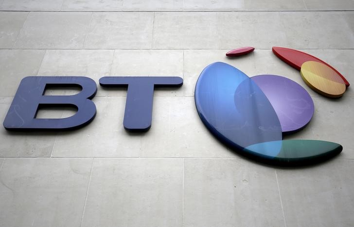 © Reuters. A branded sign is displayed outside of a BT building in London