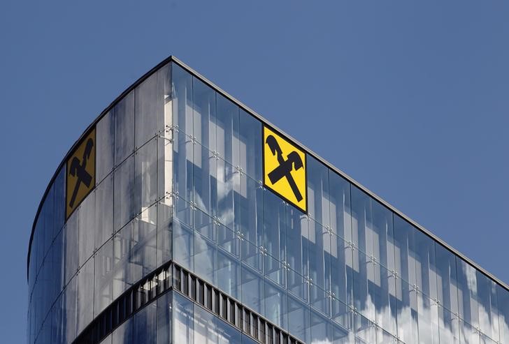 © Reuters. General view of the logo of Raiffeisen Bank International on an office building in Vienna