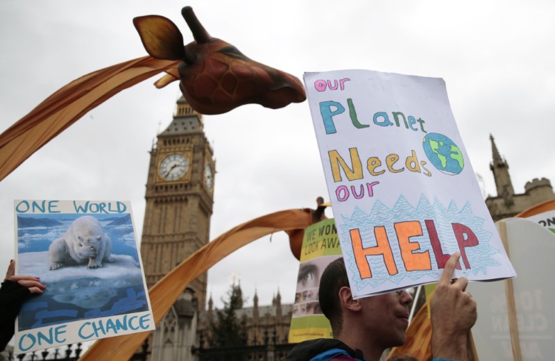 © Reuters. Protesters demonstrate during a rally held the day before the start of the Paris Climate Change Summit, in London