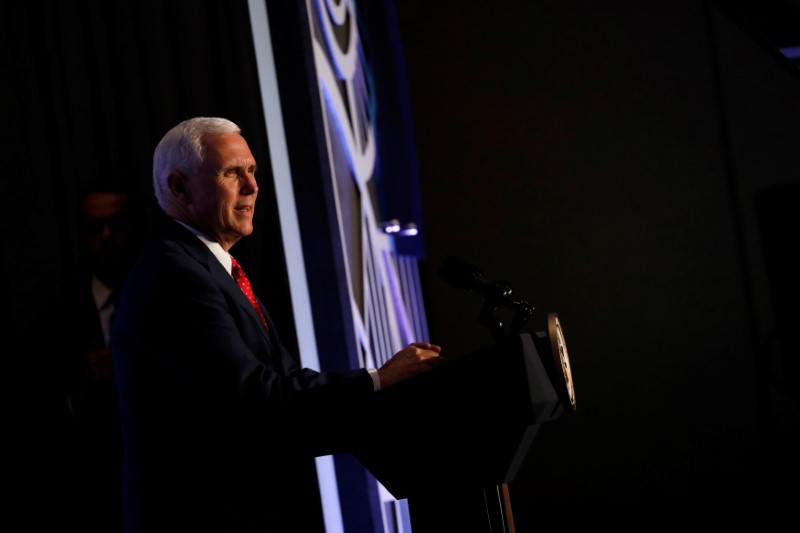 © Reuters. Vice President Mike Pence speaks at the National Association of Manufacturers Summit in Washington