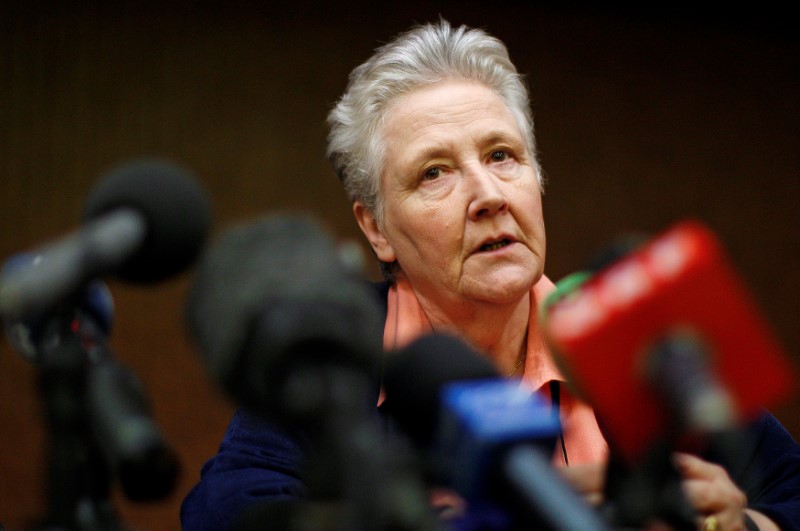 © Reuters. FILE PHOTO: Irish abuse victim Marie Collins talks during a news conference in downtown Rome