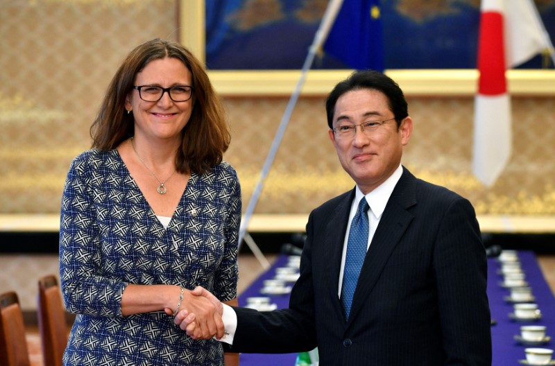 © Reuters. La comisaria europa de Comercio, Cecilia Malmström, saluda al ministro de Relaciones Exteriores de Japón, Fumio Kishida, antes del inicio de negociaciones para un acuerdo comercial en Tokio