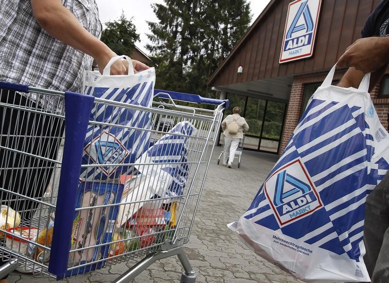 © Reuters. FILE PHOTO: Customers pack goods in plastic bags at a parking outside an Aldi supermarket in Hamburg