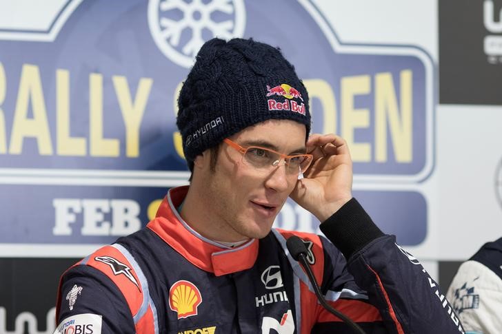 © Reuters. FILE PHOTO: Thierry Neuville of Belgium gestures during a news conference during the shakedown of Rally Sweden, in Torsby