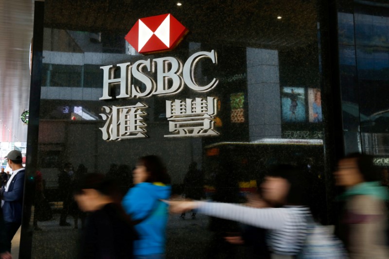 © Reuters. FILE PHOTO: People walk past a major branch of HSBC at the financial Central district in Hong Kong